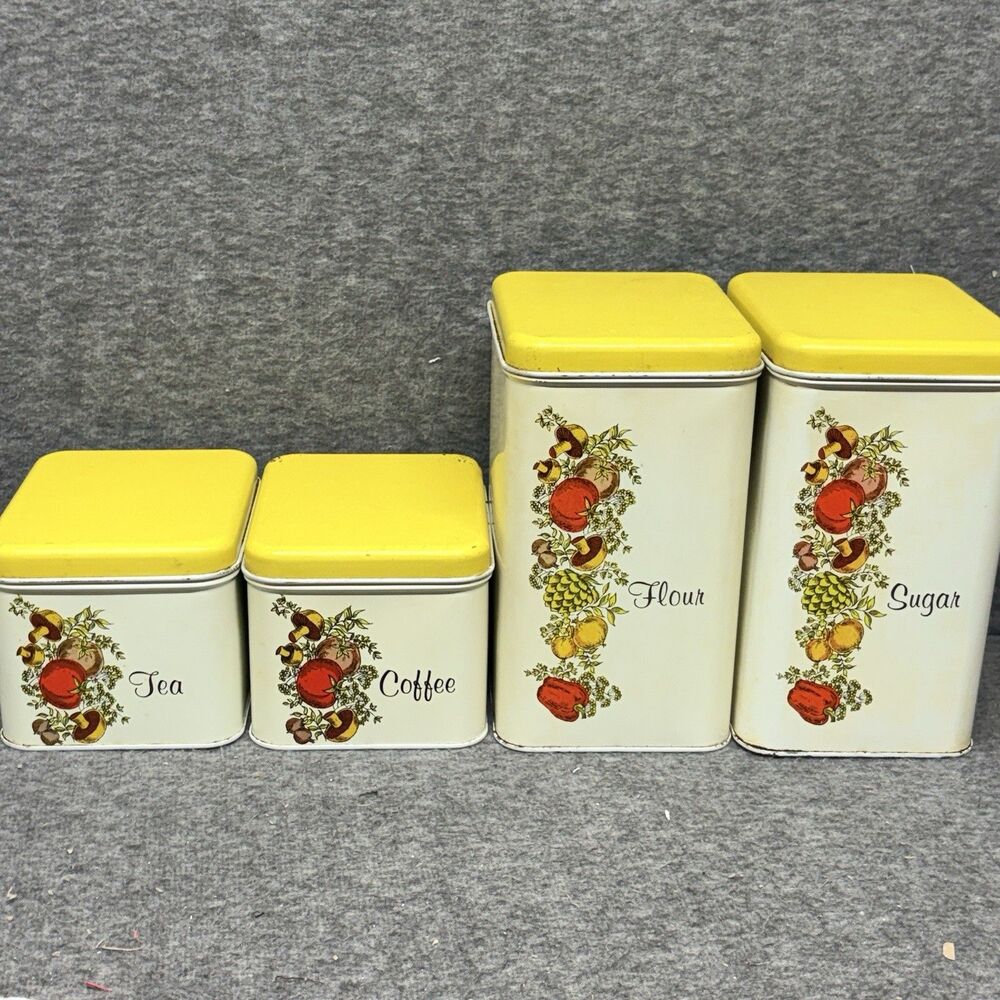 Vtg 70s Cheinco Spice of Life Canister Set Yellow & White Flour Sugar Tea Coffee